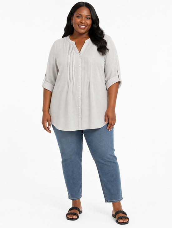 Kim Rogers Tops - Plus Size Light Gray Pintucked Button-Front Tunic Blouse Size 3X